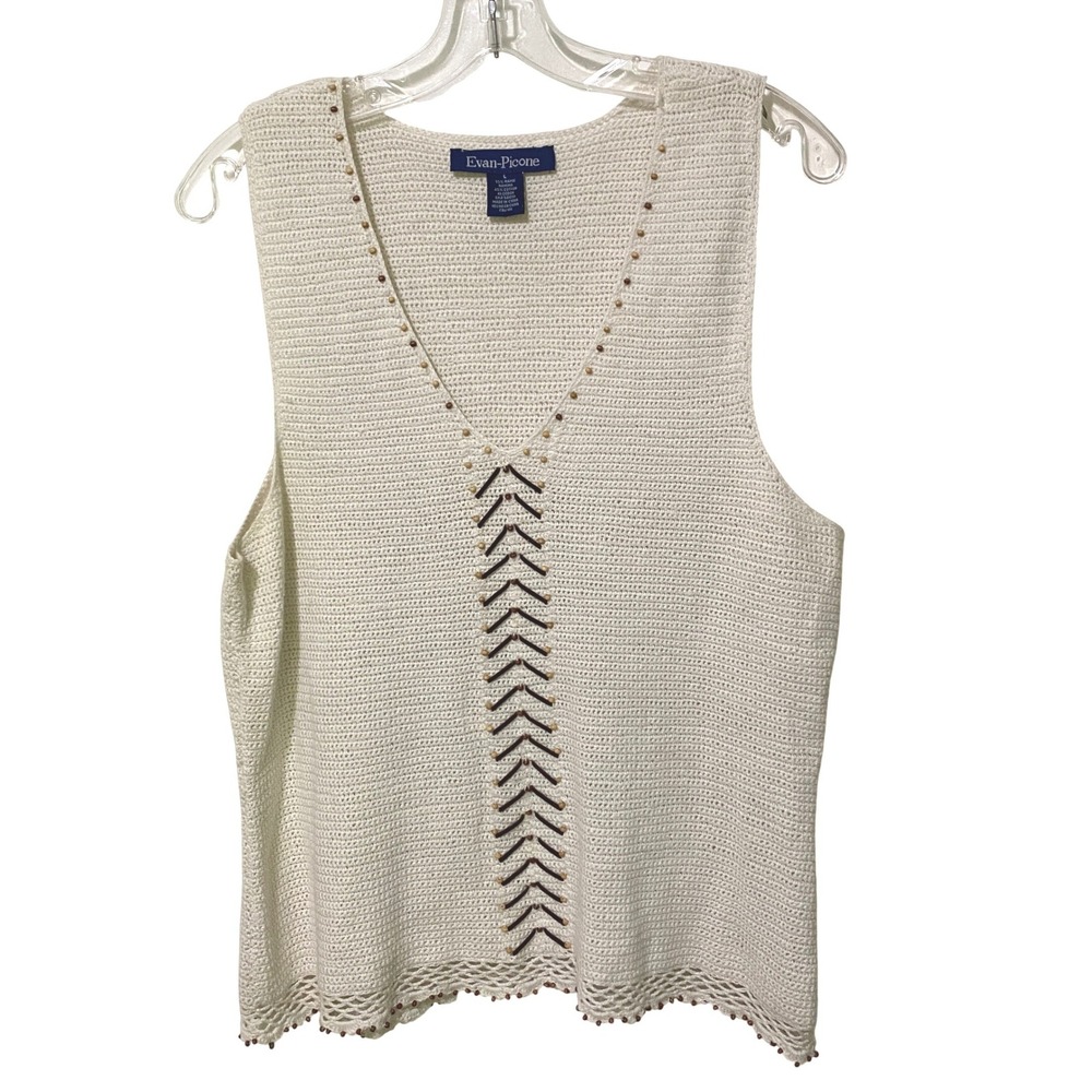 Y2K Evan-Picone Beaded Knit Tank Top L Cream Tribal Military Gypsy Boho V-Neck